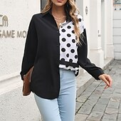 お買い得  女性用ストライプ＆ジオメトリックトップス-女性用 夏のトップス シフォントップス カラーブロック 日常 スタイリッシュ ベーシック 長袖 シャツカラー レギュラートップス ワーク 日常 祝日 パッチワーク プリント ブラックとホワイト ブラック ホワイト 春 秋