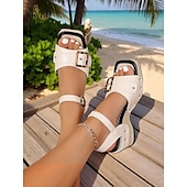 cheap Women&#039;s Flats-Women&#039;s White Platform Wedge Sandals with Double Buckle Straps – Boho - Chic Vacation Footwear for Beach Getaways &amp; Summer Trips