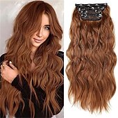 abordables Clip dans les extensions-Extensions de cheveux noirs de jais de 24 pouces à clipser, 4 pièces, extensions de cheveux synthétiques longs et ondulés, extensions de cheveux souples à clipser, postiche à double trame pour toute