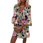 cheap Floral Dress-Women&#039;s Mini Dress A Line Dress Vacation Casual Boho Flare Cuff Sleeve Party Daily Holiday Loose Fit Floral 3/4 Length Sleeve V Neck Multicolor