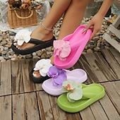 billiga Inneskor och flip-flops till damer-kvinnors blommiga flip-flop-sandaler, söta 3D-blommiga platåtofflor för stranden, mjuka sommarsandaler i skumgummi för semester och vardagskläder