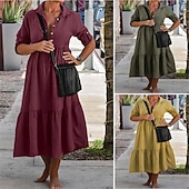 economico disegnare abiti in cotone e lino-Per donna Abito Midi Vestito Casual Abito in cotone e lino Abito Estivo Moda Moderno All&#039;aperto Data Weekend Vestibilità regolare Semplice Senza Maniche Colletto a Camicia Giallo Vino Verde militare