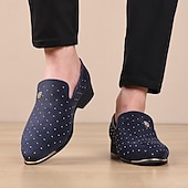 abordables Mocasines-Zapatos sin cordones de ante azul marino para hombre con detalles tachonados y detalles dorados: zapatos sin cordones de lujo para fiestas nocturnas, bodas y reuniones formales.