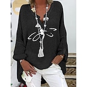 cheap Shirts-Women&#039;s Cotton Linen Shirts Dragonfly Basic Casual Long Sleeve V Neck Regular Tops Daily Print Black Navy Blue Sky Blue Summer Fall
