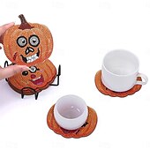 economico Halloween Cucina-Set di 10 sottobicchieri in legno a forma di zucca di Halloween, sottobicchieri fai da te fatti a mano con diamanti a pois, sottobicchieri isolanti antiscivolo con supporto per decorazioni da tavola