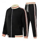 preiswerte T-Shirts-Sets für Männer-Herren T-Shirt Anzüge Hemd- und Hosensets 2-teiliges Outfit Langarm Stehkragen Sommer Streifen Mode Lässig 2 teilig Urlaub Alltagskleidung Ausgehen Schwarz Rote Marineblau Top T-Shirt für Herren