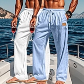 baratos Feriado-Homens Calças de linho Calças Calça verão Calças largas Calças de praia Com Cordão Cintura elástica Perna reta Tecido Conforto Respirável Comprimento total Ao ar livre Feriado Praia Férias Moda