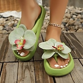 billiga Inneskor och flip-flops till damer-kvinnors blommiga flip-flop-sandaler, söta 3D-blommiga platåtofflor för stranden, mjuka sommarsandaler i skumgummi för semester och vardagskläder