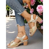 billiga Komfortsandaler-Damsandaler med guldfärgad glitter och blockklack – glittrande festskor med mellanhög klack för sommarfester, trädgårdsfester och kvällsoutfits