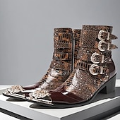 abordables Botas de cuero de primera calidad-Botas de tobillo de cuero con patrón de cocodrilo marrón para hombres con hebillas de punta dorada calzado de inspiración occidental de moda para uso casual y al aire libre