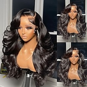 voordelige Pruiken van echt haar, met kanten voorzijde-Remy mensenhaar 5x5 Sluiting 4x13 Sluiting Pruik Met pony Braziliaans haar Golvend Zwart Pruik 130% 150% Haardichtheid met babyhaar Natuurlijke haarlijn 100% Maagd lijmloze Pre-geplukt Voor Dames Lang