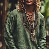 Χαμηλού Κόστους Διακοπές-Ανδρικά Πουκάμισο Πουκάμισο λινό Στυλ Βίκινγκ Πουκάμισο Popover Καλοκαιρινό πουκάμισο Ρούχα παραλίας Γεωμετρικό Διακοπές Δρόμος Κίτρινο Βυσσινί Πράσινο του τριφυλλιού Μακρυμάνικο Λαιμόκοψη V