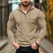 economico magliette di base-Per uomo Maglietta Felpa con cappuccio Henley Manica Lunga Con Cappuccio Henley Primavera &amp; Autunno Tinta unica Maglieria Quotidiano All&#039;aperto Tasca All&#039;aperto Casual Casuale Grigio scuro blu navy