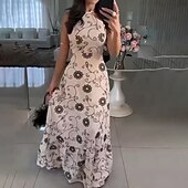 levne Elegantní květinové šaty-Dámské Dlouhé šaty Maxi šaty Květinové šaty Šaty s ohlávkou ke krku Šaty s potiskem Módní Klasické Moderní Venkovní Dovolená Denní Běžný Květiny Bez rukávů Krk ohlávky Vodní modrá Trávová zelen