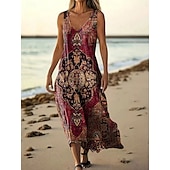 preiswerte Druck Blumen Kleider-Damen Langes Kleid Maxikleid Freizeitkleid Trägerkleid Sommerkleid afrikanisch Täglich Ferien Strand Normale Passform Blumen Ärmellos V Ausschnitt Wein Burgunderrot Marineblau Blau Sommer