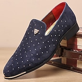 abordables Mocasines-Zapatos sin cordones de ante azul marino para hombre con detalles tachonados y detalles dorados: zapatos sin cordones de lujo para fiestas nocturnas, bodas y reuniones formales.