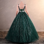preiswerte Abendkleider-Ballkleid Abendkleid Elegantes Kleid Formale Promenade knöchellang ärmellos V-Ausschnitt Tüll mit Glitzer Pailletten