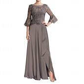 cheap Floor Length-A-Line Mother of the Bride Dress Elegant Crew Neck Floor Length Chiffon Long Sleeve with Solid Color