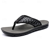 billige Ferietøfler-herrebrune flip-flops i kunstskinn med vevd mønsterrem, myk EVA-såle, komfortabel for feriested og hverdagslige sommerantrekk
