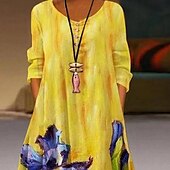 abordables Robes Floraux Imprimés-Femmes Robe Longue Maxi Robe Robe Décontractée Robe Imprimée Élégant Mode Classique Extérieur Vacances Fête Coupe régulière Fleur manche longue Col en V Blanche Jaune Été Printemps