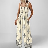 billiga Konst &amp; Design Jumpsuit-Dam Jumpsuits Aktiv Blommig Ärmlös Brett skaft kall axel Semester Hem Lös passning Svart diamant Blå Khaki grön Sommar