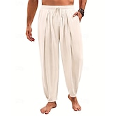 cheap Holiday-Men&#039;s Linen Pants Summer Pants Beach Pants Harem Pants Pocket Elastic Waist Drawstring Plain Comfort Breathable Calf-Length Vacation Daily Holiday Hawaiian Boho Black White