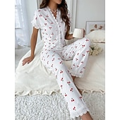  Dame Pyjamas Sett Fritid Komfort Kirsebær Elastisk midje Skjorte Bukse Hjem Daglig Kortermet V-hals Hvit Sommer Vår Høst Normal