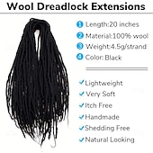 abordables Crocheter les cheveux-Extensions de dreadlocks noires de 20 pouces - 0,24 po de largeur, 20 brins d&#039;extensions de dreadlocks en laine, dreads en laine à double extrémité pour femmes &amp;hommes - dreadlocks hippies faits main
