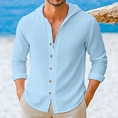 preiswerte Urlaub-Herren Hemd Leinenhemd Sommerhemd Strandhemd Einfarbig Urlaub Lässig Schwarz Weiß Grün Leicht Blau Langarm Kapuzenpullover Frühling &amp; Sommer Bekleidung Button-Down