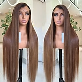 voordelige Pruiken van echt haar, met kanten voorzijde-Braziliaanse remy menselijk haar 5x5 sluiting pruiken 13x4 kant frontale menselijk haar pruik ombre botrecht gekleurde pruik met babyhaar voorgeplukt