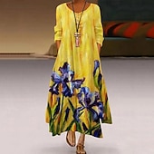 abordables Robes Floraux Imprimés-Femmes Robe Longue Maxi Robe Robe Décontractée Robe Imprimée Élégant Mode Classique Extérieur Vacances Fête Coupe régulière Fleur manche longue Col en V Blanche Jaune Été Printemps