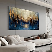 abordables Pinturas abstractas-Gran pintura al óleo original dorada sobre lienzo, arte de pared abstracto minimalista con textura azul, pintura personalizada, decoración de pared bohemia, decoración de pared de sala de estar
