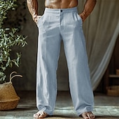 cheap Home-Men&#039;s Linen Pants Trousers Summer Pants Beach Pants Buttons Pocket Straight Leg Plain Comfort Breathable Vacation Daily Holiday Hawaiian Boho Black White
