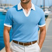 cheap Vacation-Men&#039;s Polo Shirts Golf Shirt Vacation Holiday Lapel Ribbed Polo Collar Short Sleeve Basic Modern Color Block Patchwork Buttons Summer Spring &amp; Summer Regular Fit Yellow Navy Blue Blue Green Polo