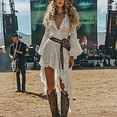 ieftine Rochii Boho-Pentru femei Rochii Midi Rochie de dantela Rochie de epoca Modă Modern În aer liber Vacanță Concediu Fit regulat Simplu Manșon Lung În V Alb Vară