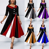 halpa Raidallinen ja geometrinen mekko-Naisten Midimekko A linjainen mekko Bodycon mekko Puolimuodolliset mekot Toimisto Normaali Geometrinen 3/4 hiha V kaula-aukko Keltainen Viini Sininen Purppura Kesä Syksy