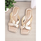 cheap Vacation Sandals-Women&#039;s Burgundy Bowknot Satin Strap Flip-Flop Sandals, Square-Toe, Soft Footbed, Casual Chic Style for Daily Wear, Backyard Party, Picnic or Date Outfits