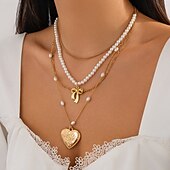 baratos Colares-Colares com Pendentes Pérola Mulheres Elegante Simples Multi Camadas Coração Com Laço Casamento Gotas Formato de coração Colar Para Casamento Festa Aniversário