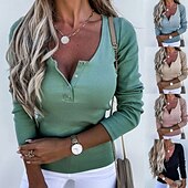 preiswerte Einfarbige Farben-Damen Bluse Einfach Modern Lässig Langarm V Ausschnitt Normale Oberteile Ferien Ausgehen Knöpfe Schwarz Rosa Blau Grün Khaki Herbst