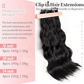 preiswerte Clip-in-Erweiterungen-Clip-in-Haarverlängerungen, 4 Stück, lang, gewellt, synthetisch, dunkelschwarz, braun, Faser, doppelter Schuss, natürlich, dick, 24 Zoll, für Frauen
