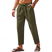 billiga Klassisk-Herr Linne Byxor Långbyxor Sommarbyxor Strandbyxor Ficka Elastisk midja Snörning Slät Komfort Andningsfunktion Semester Dagligen Helgdag Hawaiisk Boho Mörkbrun Svart