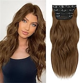 abordables Clip dans les extensions-Extensions de cheveux bouclés à clipser 4 pièces postiches synthétiques épais et longs ondulés avec double trame en fibre pour cheveux de femme tête complète