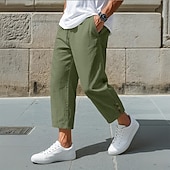 baratos Retrô-Homens Calças de linho Calças Calça verão Calças largas Calças Cropped Cintura elástica Com Cordão Côr Sólida Tecido Conforto Respirável Mimolet Casual Diário Feriado Férias Moda Preto Branco Sem
