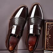 cheap Men&#039;s Slip-ons &amp; Loafers-Men’s Black Patent Faux Leather Loafers with Textured Scale Pattern and Metal Buckle, Elegant Slip-On Dress Shoes for Weddings, Business and Formal Events