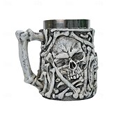 economico Halloween Cucina-Tazza teschio di Halloween in resina 3D &amp;Boccale da birra in acciaio inox a doppio strato, tazza da caffè a forma di teschio, bicchieri per feste di Halloween, regalo fantastico per gli amanti della