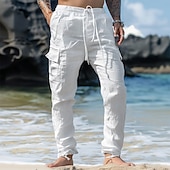 baratos Feriado-Homens Calças Cargo Calças de linho Calças Calça verão Cintura elástica Com Cordão Bolso multi Tecido Conforto Respirável Comprimento total Casual Diário Feriado Férias Moda Preto Branco Sem