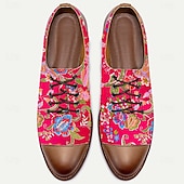 levne Jacquard boty-Pánské červené žakárové oxfordky s květinovým vzorem – barevné šněrovací polobotky s hnědým detailem na špičce, ideální pro oslavy a formální setkání