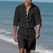 abordables Ensembles t-shirts-Homme Ensembles T-shirt Tenues 2 pièces Ensemble Short manche longue Revers Été Uni Mode Occasionnel 2 pièces Vacances Tenue quotidienne Sortir Noir Blanche Kaki T-shirt haut de gamme pour homme