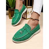 billige Slip-ons og loafers til kvinner-Grønne dameloafers i semsket skinn, lette flate sko med gulldetaljer for uformelle antrekk og daglige dates