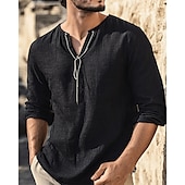 preiswerte Urlaub-Herren Hemd Leinenhemd Popover-Hemd Freizeithemd Baumwollhemd Einfach Urlaub Hawaiianisch Schwarz Weiß Braun Grün Langarm V Ausschnitt Frühling Herbst Bekleidung